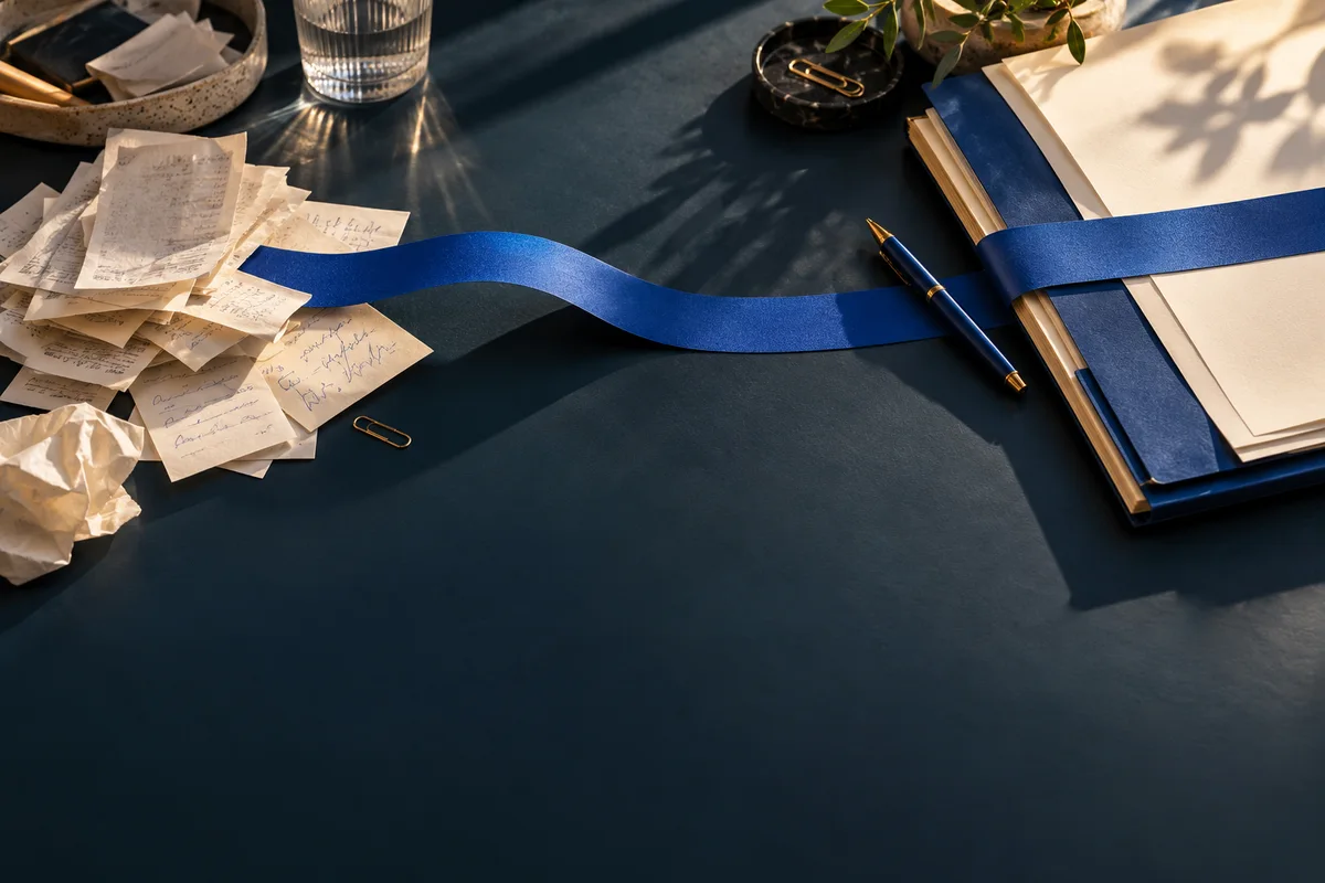 Escena conceptual de una mesa con notas dispersas y documentos organizados